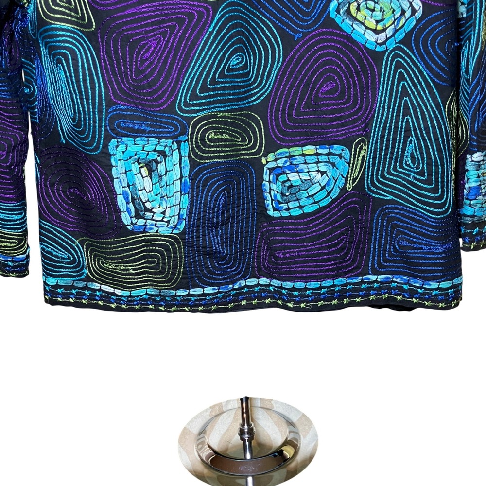 Life Style Petite Jacket Women PXL Black Blue Embroidered Art Boho Open Front - Picture 9 of 10